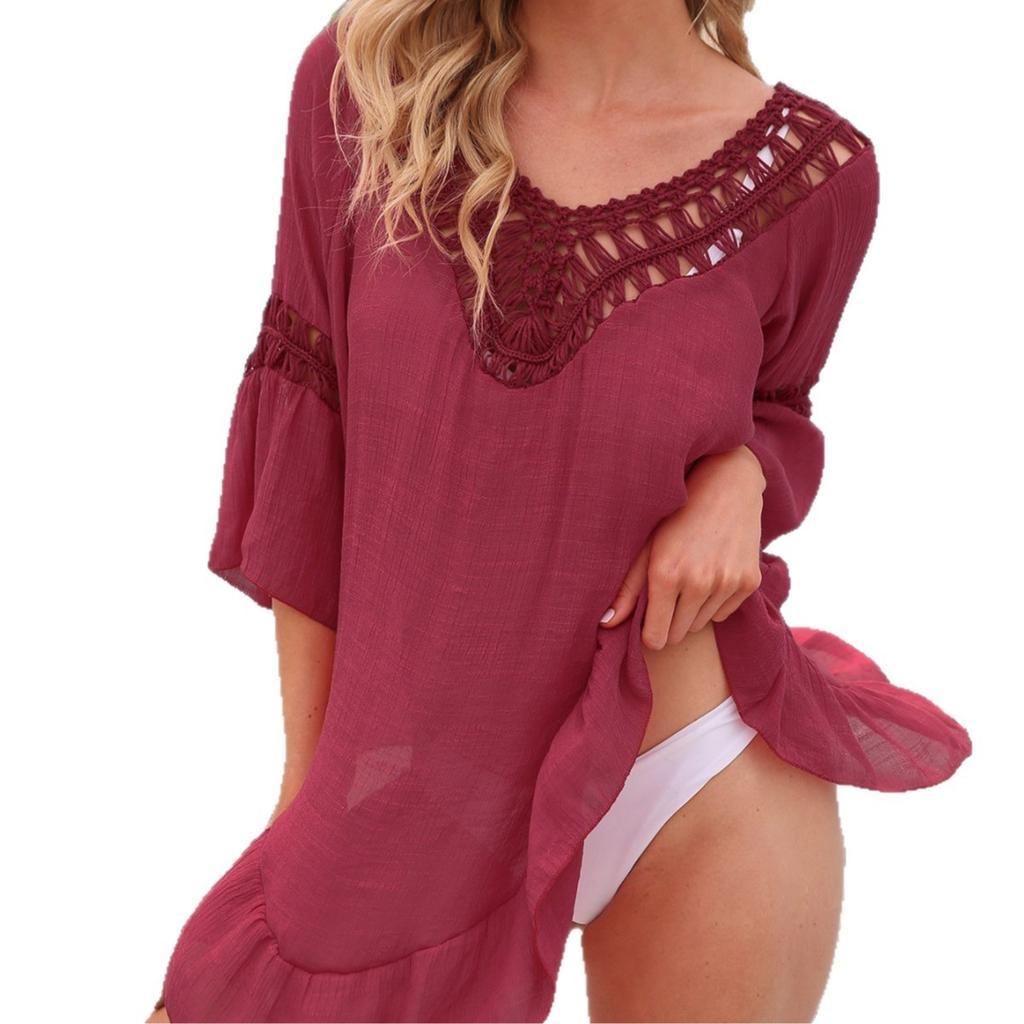 Hand-painted Hollowed-out Stitched Ruffled Edge Three-quarter Sleeve Irregular Beach Skirt Blouse for Women