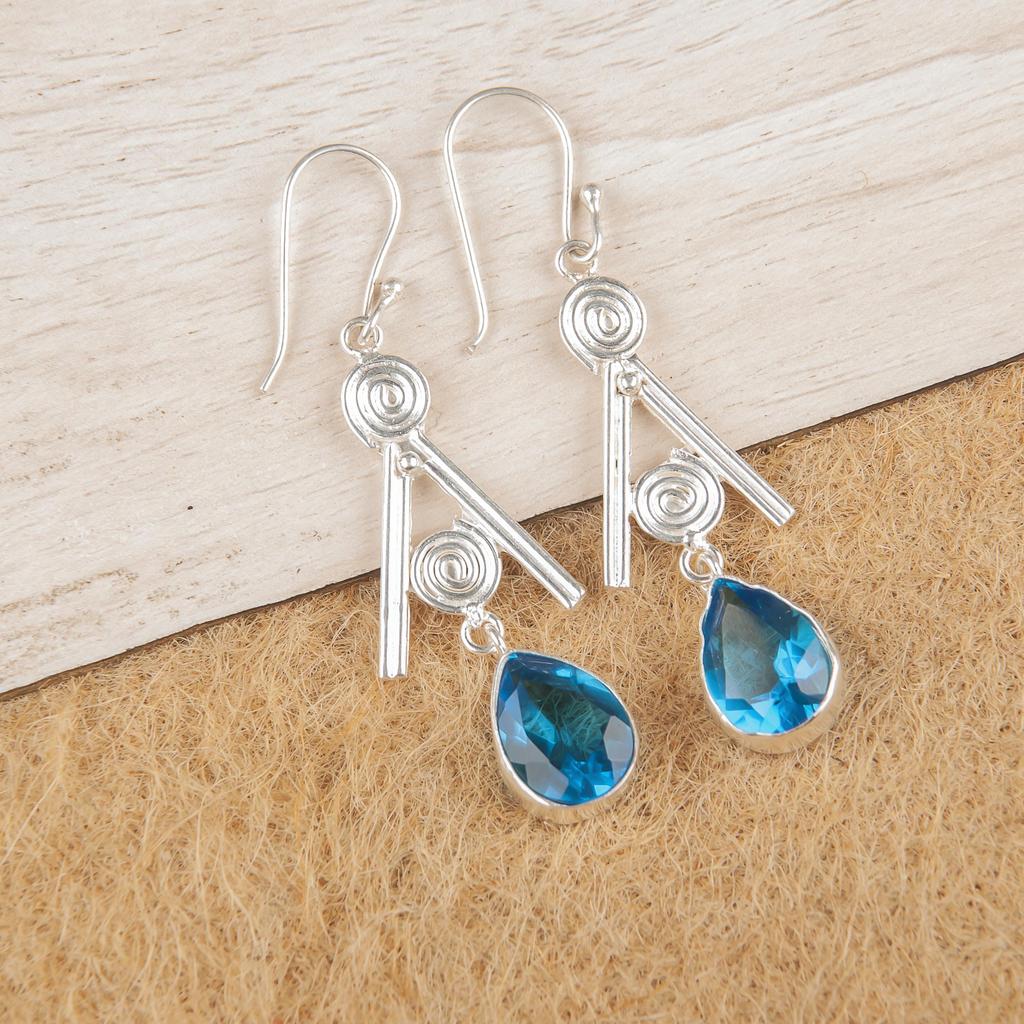 Bijuterii cu Topaz Albastru Elvețian din Argint Sterling 925, Cercei Superbi din Argint Făcuți Manual, Bijuterii cu Piatră Prețioasă Topaz Pentru Dragoste