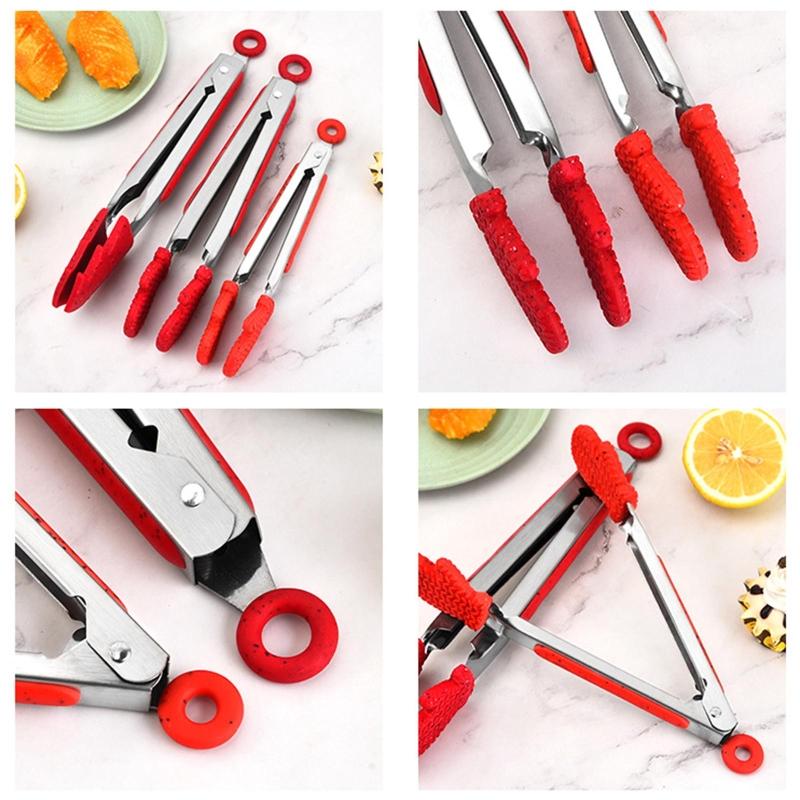 Silicone BBQ Grilling Tong Kitchen Cooking Salad Bread Serving Tong Non-Stick Barbecue Clip Clamp Stainless Steel Gadget