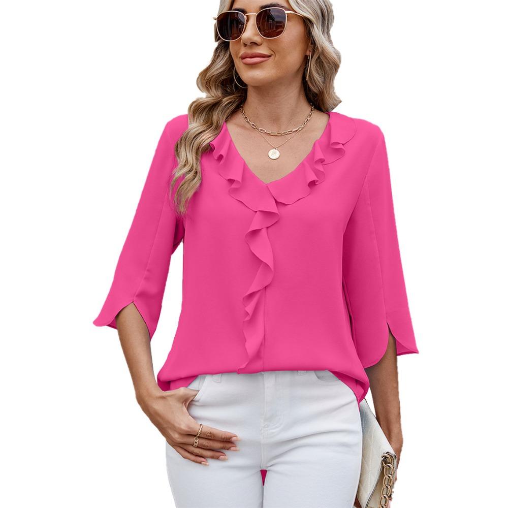 New, Hot-selling, Chiffon Shirt, Medium-sleeved V-neck Pleated Ruffle Edge Loose Women's Top