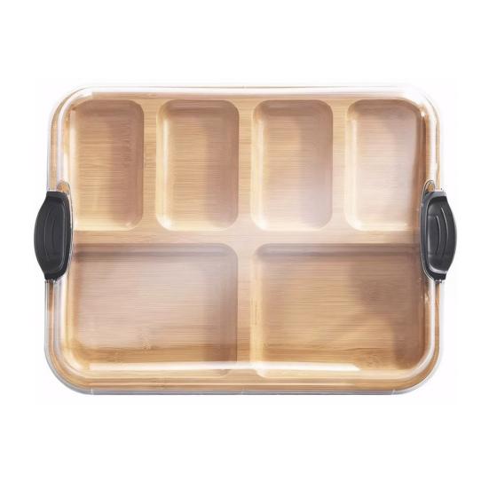 Bamboo Serving Tray with Lid 6-Compartment Party Platter for Cheese Fruits Multifunctional Charcuterie Board for Kitchen Cooking Family Party Gift
