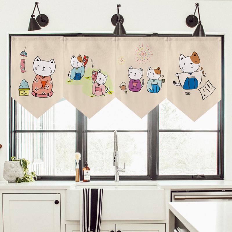 Japanese Style Lucky Cat Pattern Short Curtain Kitchen Door Partition Triangle Flag Restaurant Hanging Half Curtain Pennant