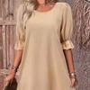 Summer Loose A-line Midi Dress for Women Solid Color Big Swing Ruffle Patchwork O Neck Pullover Knee Length Mid Sleeves Dress