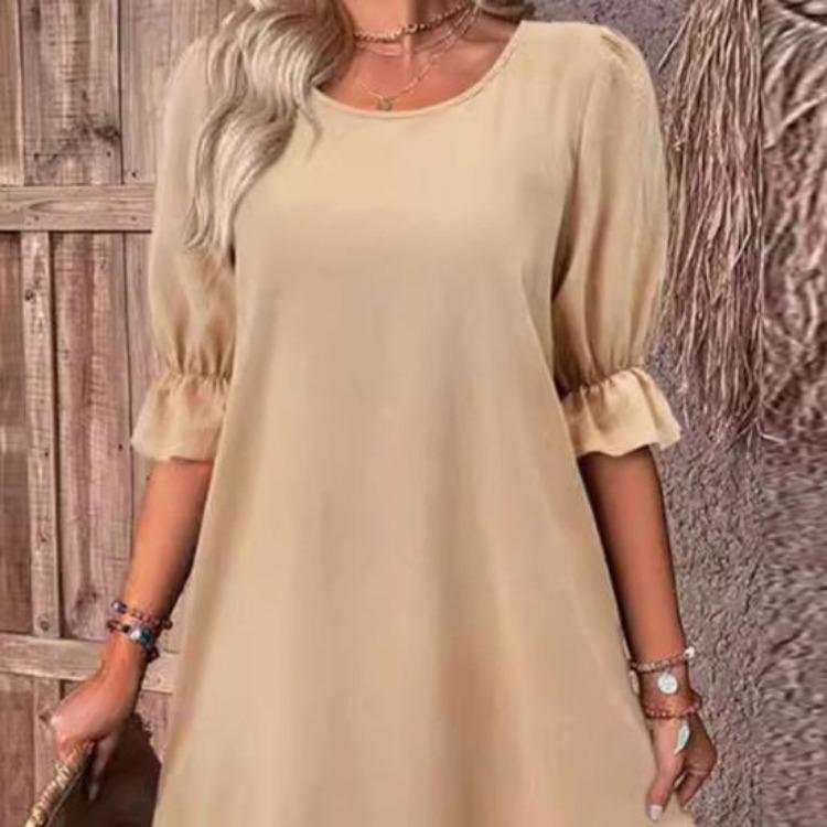 Summer Loose A-line Midi Dress for Women Solid Color Big Swing Ruffle Patchwork O Neck Pullover Knee Length Mid Sleeves Dress