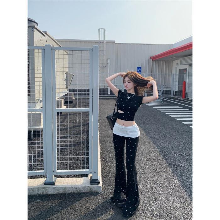 

Bow hollow Spice Girl short-sleeved T-shirt women s summer design set contrasting color micro-horn casual pants two-piece set S