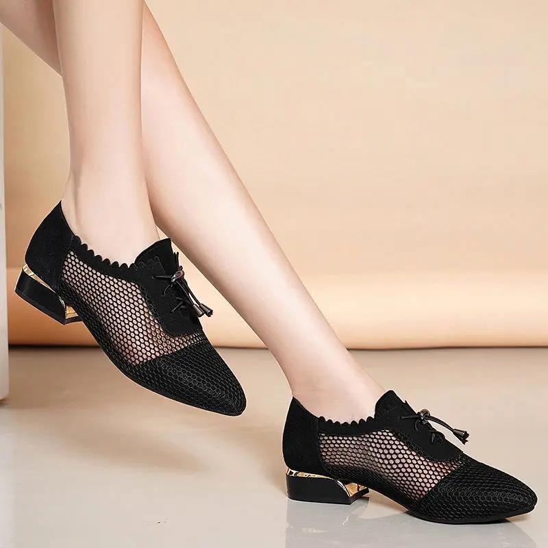 Square Heels Block Heel Moccasins Pointed Toe Mesh Low Elegant Chunky Normal Leather Casual Hollow Black Shoes for Women Shoe L