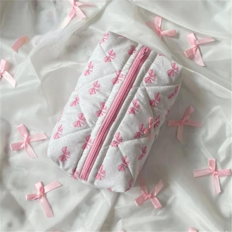 Cute Quilted Bow Y2k Makeup Bag Coquette Small Pouch Preppy Floral Heart Cosmetic Bag Toiletry Organizer Bag (Color03)