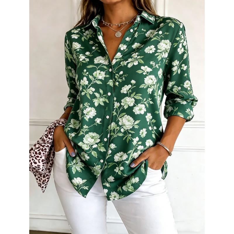 Women's Long Sleeve Floral Print Button Down Casual Shirt Elegant Daily Blouse Tops in Blue for Spring Summer