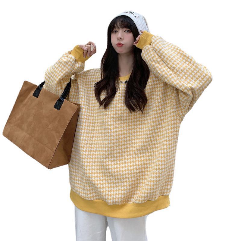 New Fall/Winter Flannelette And Thick Long Sleeved Thermal Sweater For Schoolgirl Plaid Mid-Length Round Neck Blouse