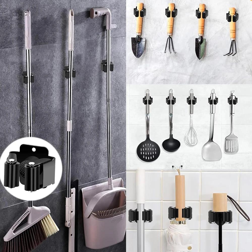 12/1pc Wall Mounted Mop Holder Clips Stainless Steel Mop Broom Hanger Rack Waterproof Kitchen Bathroom Storage Shelf Hooks