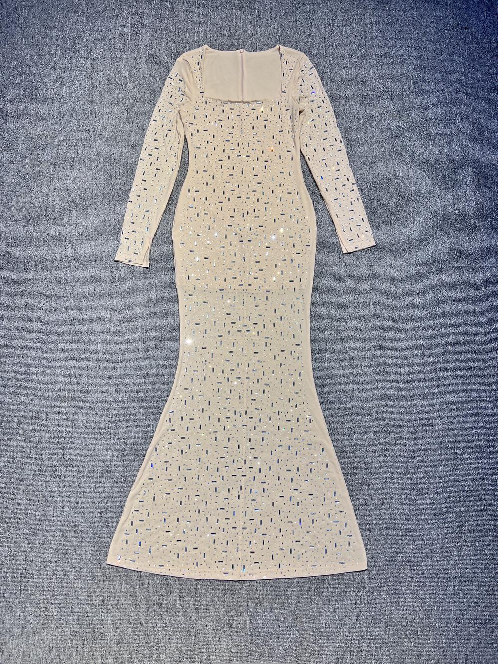 

European & American Heavy Industry Rhinestone Sexy Slim-fit Long-sleeve See-through Evening Dress Double Layer Opaque