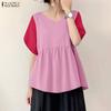 ZANZEA Women Casual V-Neck Patchwork Short Sleeve Loose Blouse