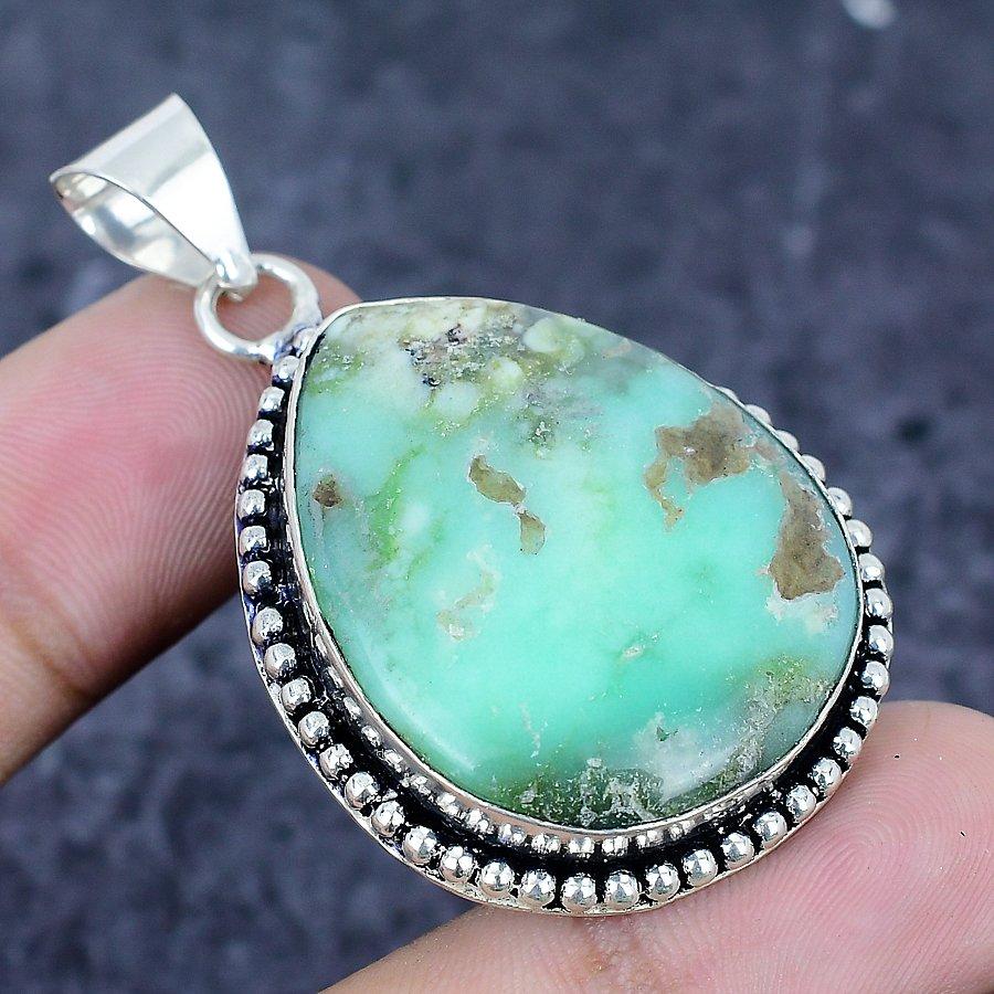 Natural Chrysoprase Gemstone 925 Sterling Silver Jewelry Pendant 2.05" H0S85