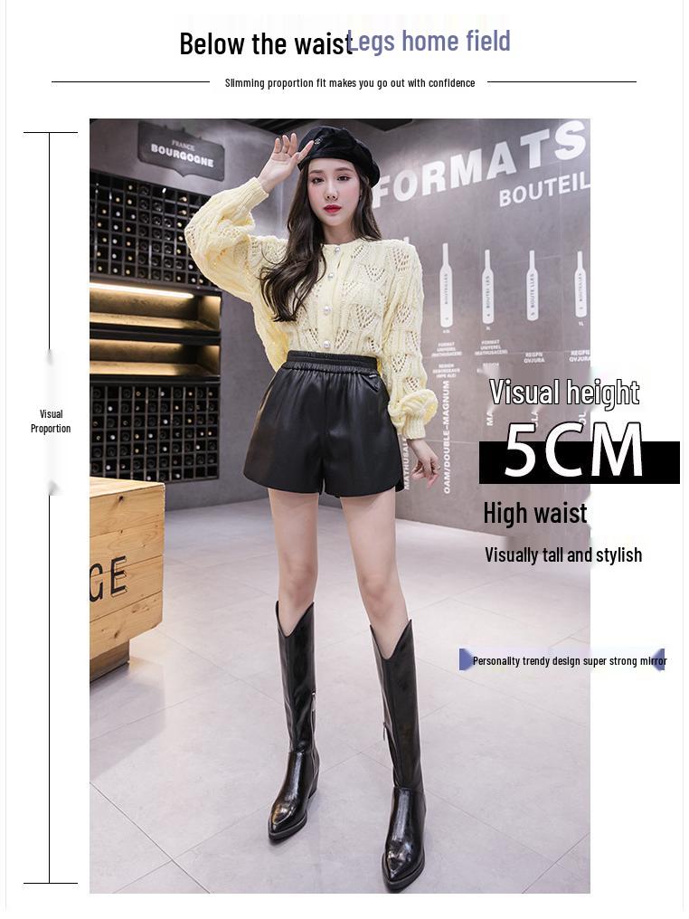 2026 Autumn/Winter Women's High Waist A-line PU Leather Shorts with Elastic Waist and Slimming Wide Leg Design