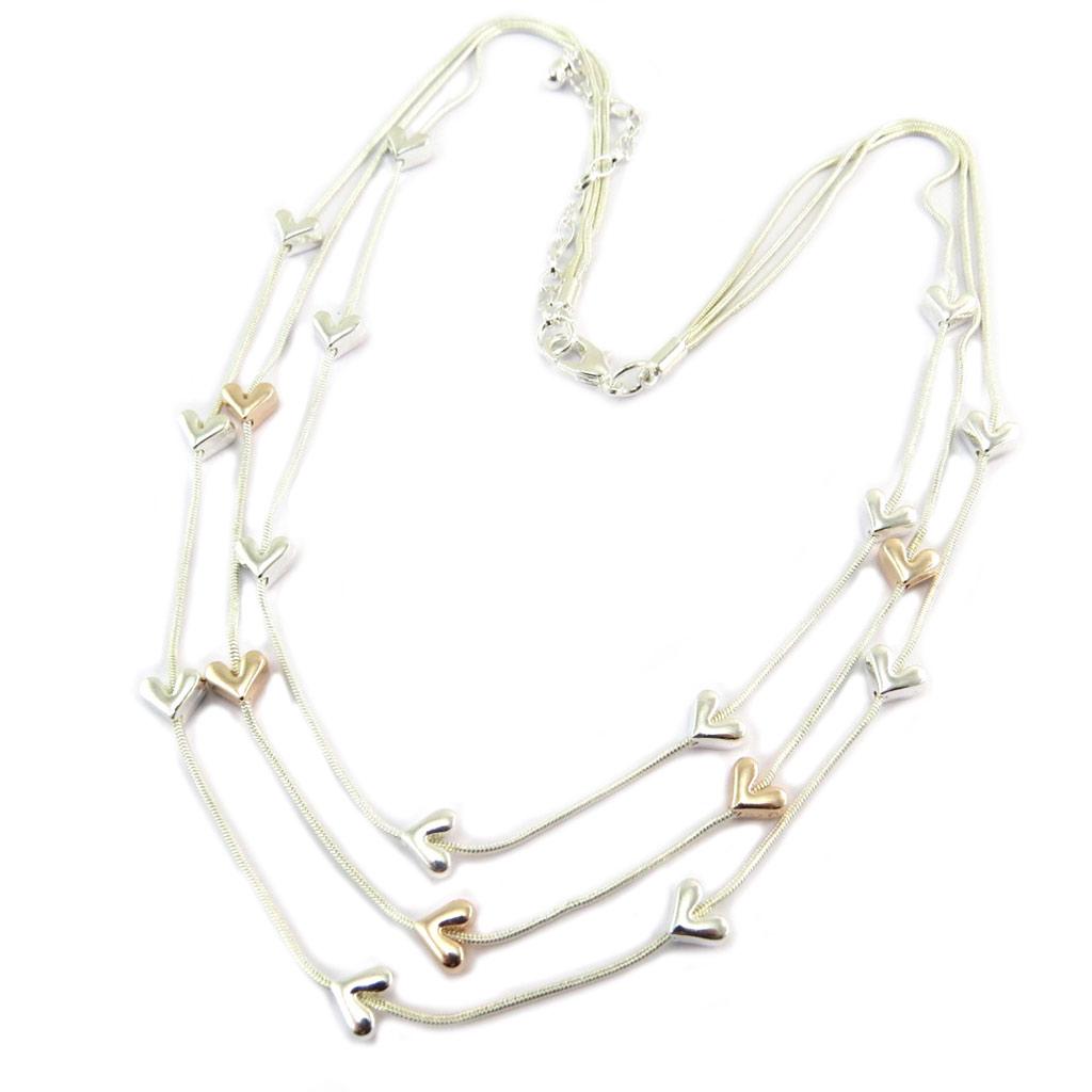 Les Trésors De Lily [P8478] - Designer Necklace 'Love' Pink Gold Silver - 3 Rows 50 To 55 Cm - 7x6 Mm