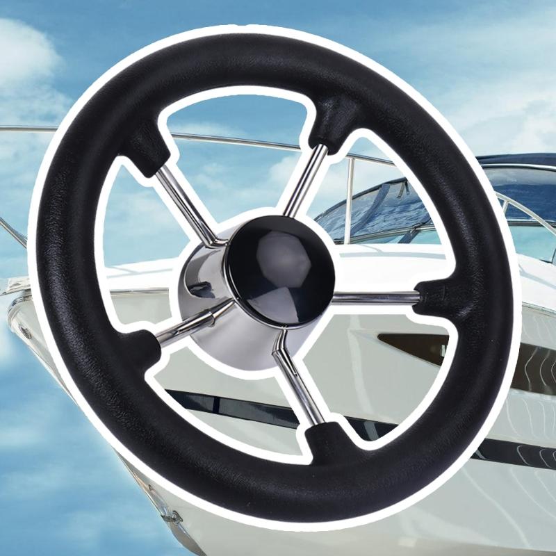 11in 5 Spoke Boat Destroyer Steering Wheel with Black Foam Stainless Steel Steering Wheel Without Knob for Marine Yacht