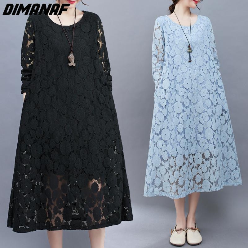 

DIMANAF Плюс Размер Женское 2023 Новое Летнее Кружевное Платье Длинное Платье Свободные Сексуальные Модные Базовые Однотонные Платья Синий Черный