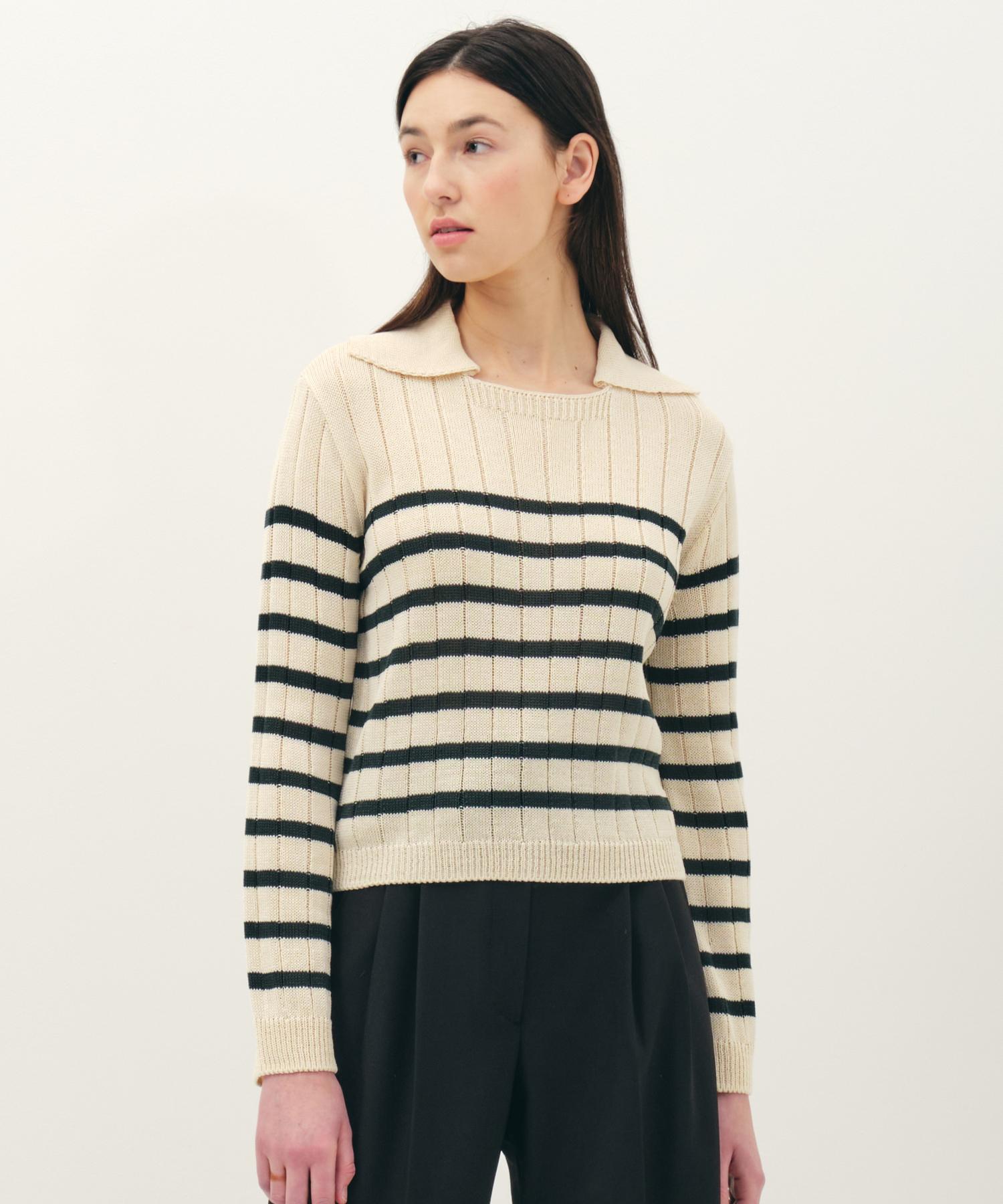Jun By Jun K Collared Striped Knit Top_Deep Green F