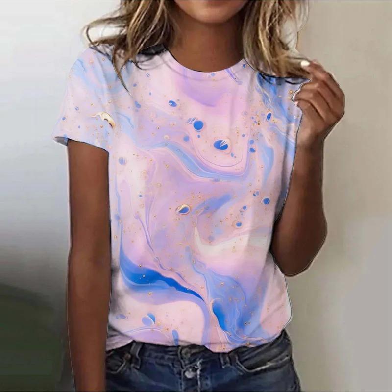 Women's Street Trendy T-shirt Dreamy Star 3D Printed Short Sleeve Versatile Daily Casual Loose Round Neck Top Women's Wear