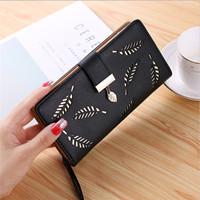 

Leather Wallets And Purses Women Leaf Hollow Out Long Wallet Phone Bag Card Holder Coin Pocket Clutch Purses Money Bags Carteira