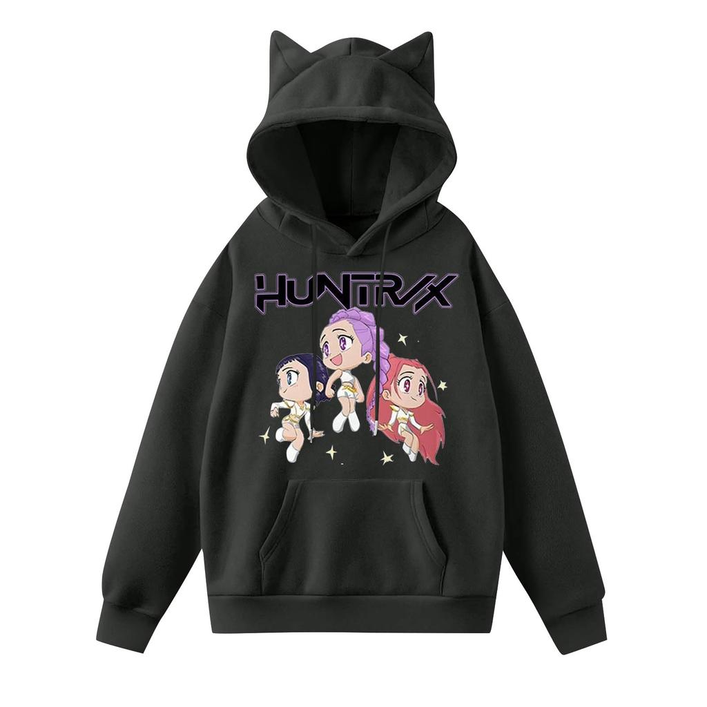 Damemote Casual Langermet trykt Rundhals hettegenser Pullover Topp med lommer