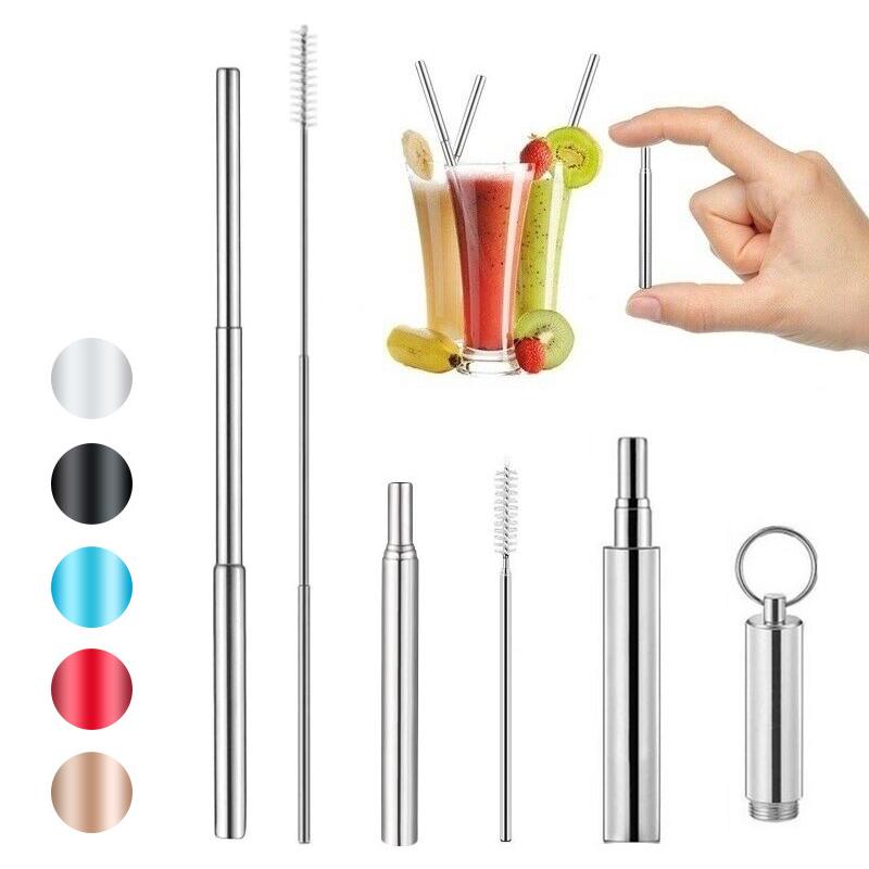 Collapsible Reusable Straw Portable Stainless Steel Telescopic Drinking w/Brush Collapsible Reusable Straw Portable Stainless Steel Telescopic Drinking w/Brush