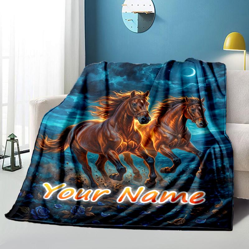 1PC Custom Name Night Horse Run blanket versatile,all-season throw suitable for the living room,bedroom,camping,travel,and gift