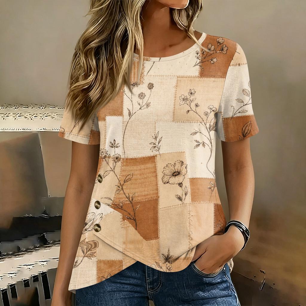 Damen Kurzarm Rundhals Oberteil Blumenprint Knopfdetail Lässiges T-Shirt Bluse Leichter Weicher Stoff Patchwork Design