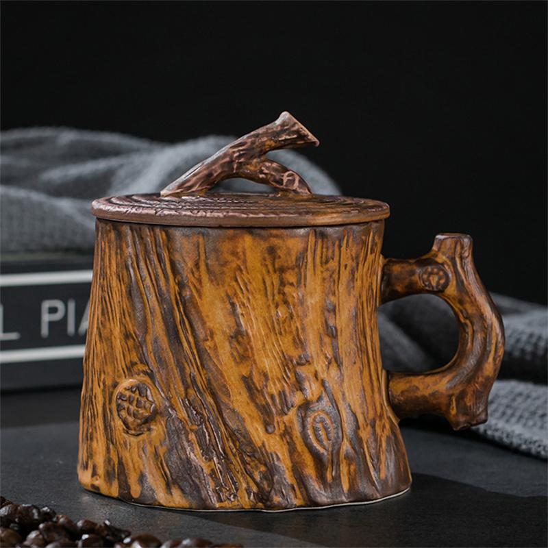 

Vintage Wood Texture Cups Tree Stump Ceramic Coffee Mug with Handle and Lid Breakfast Milk Mugs Personalized Gifts for Friends 225ml