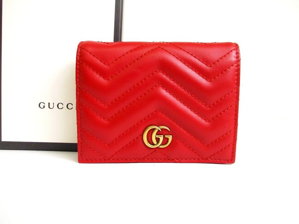 Authentic GUCCI GG Marmont Red Leather Bifold Wallet Compact Wallet #b272 Open box
