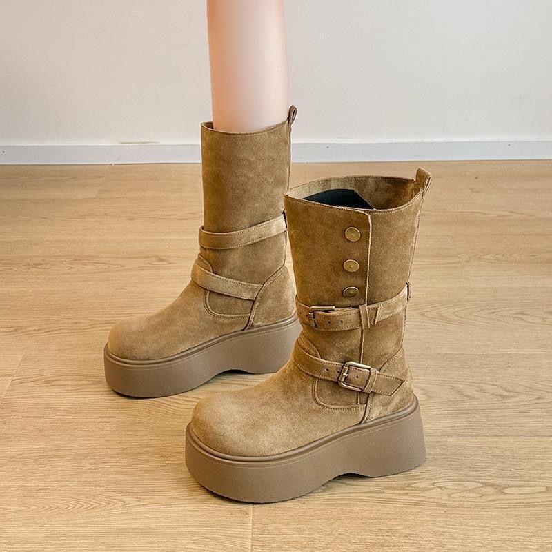 Popular Fashion and Thin Retro Women's Medium Boots 2025 Autumn New Super Fire Thick-soled Comfortable Martin Boots Women's