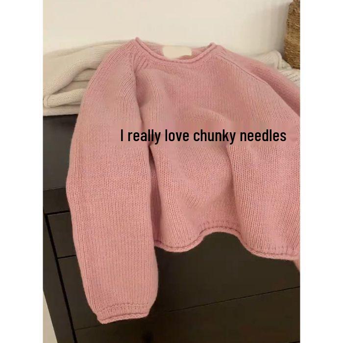 

Корейский свитер в ленивом стиле для женщин однотонный - Осень 2024, круглый вырез, закатанный край, свободный трикотаж One Size розовый