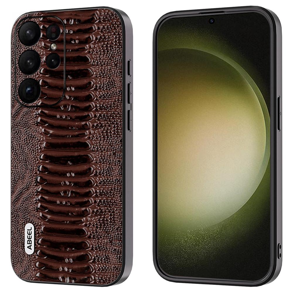 

ABEEL For Samsung Galaxy S24 Ultra Crocodile Texture Case Genuine Cow Leather Slim Back Cover Coffee