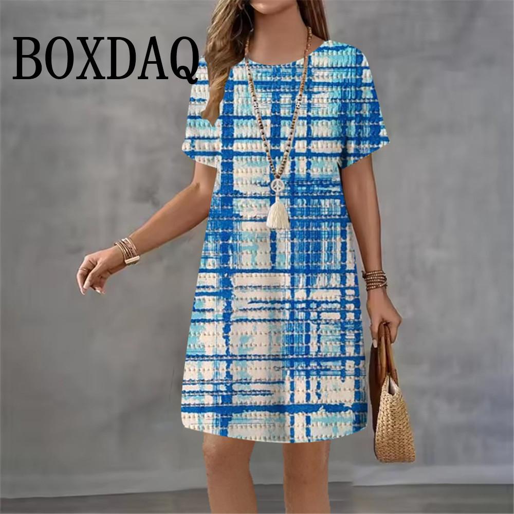 2026 New Women's Dresses Geometric Graphic Abstract Striped Print Elegant Dress Female Summer Loose Short Sleeve Rint Dress