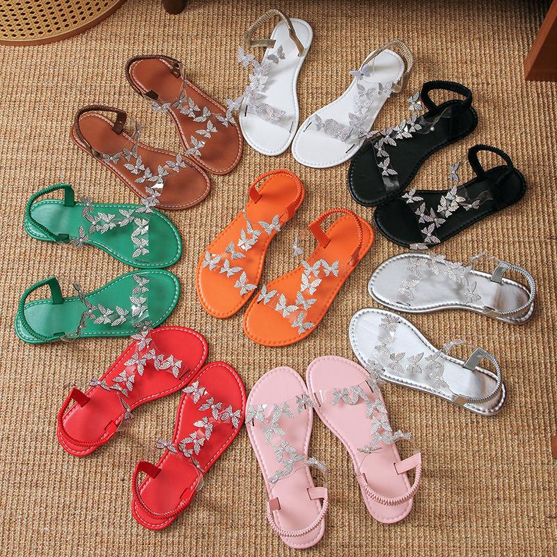 Kadın Yapay Elmas Kelebek Dekor Düz Sandalet, Günlük Burnu Açık Yaz Ayakkabı, Hafif Elastik Bant Sandalet