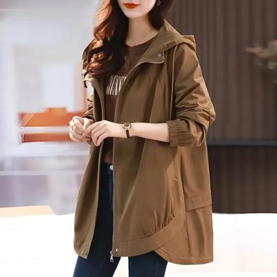 Damen Frühling und Herbst Plus Locker und Schlankmachend Lässiger Windbreaker, Mittel bis Lang, Einfache Pendeljacke