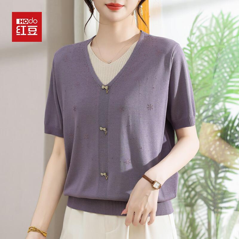 Hodo Women's Faux Two-Piece Short-Sleeve Ice Silk Knit Top