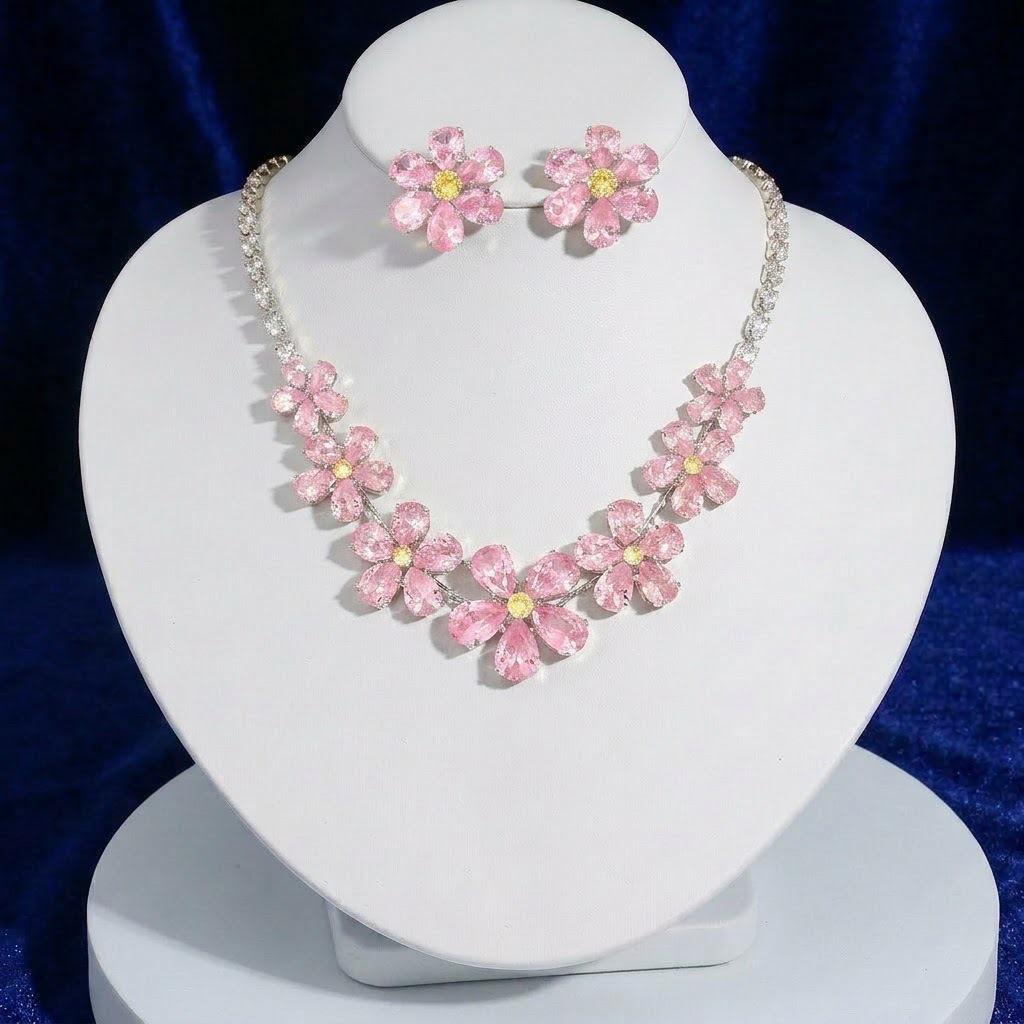 European & American Style Zircon Five-Petal Flower Necklace and Earrings Set