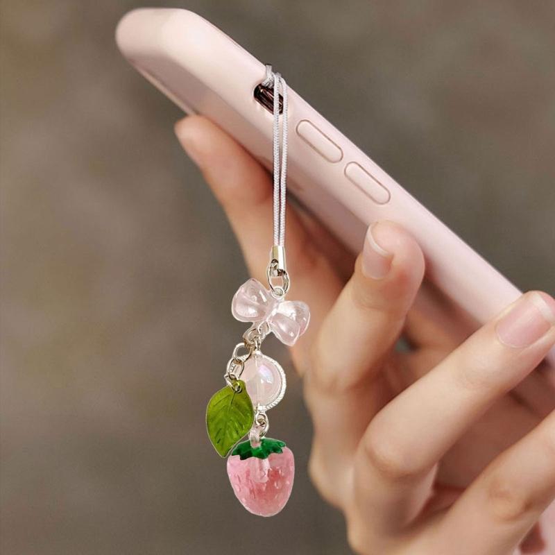 Stylish Acrylic Strawberry Green Leaf Phone Strap Mobile Hanging Decoration Charm for Decorative Fashion Use