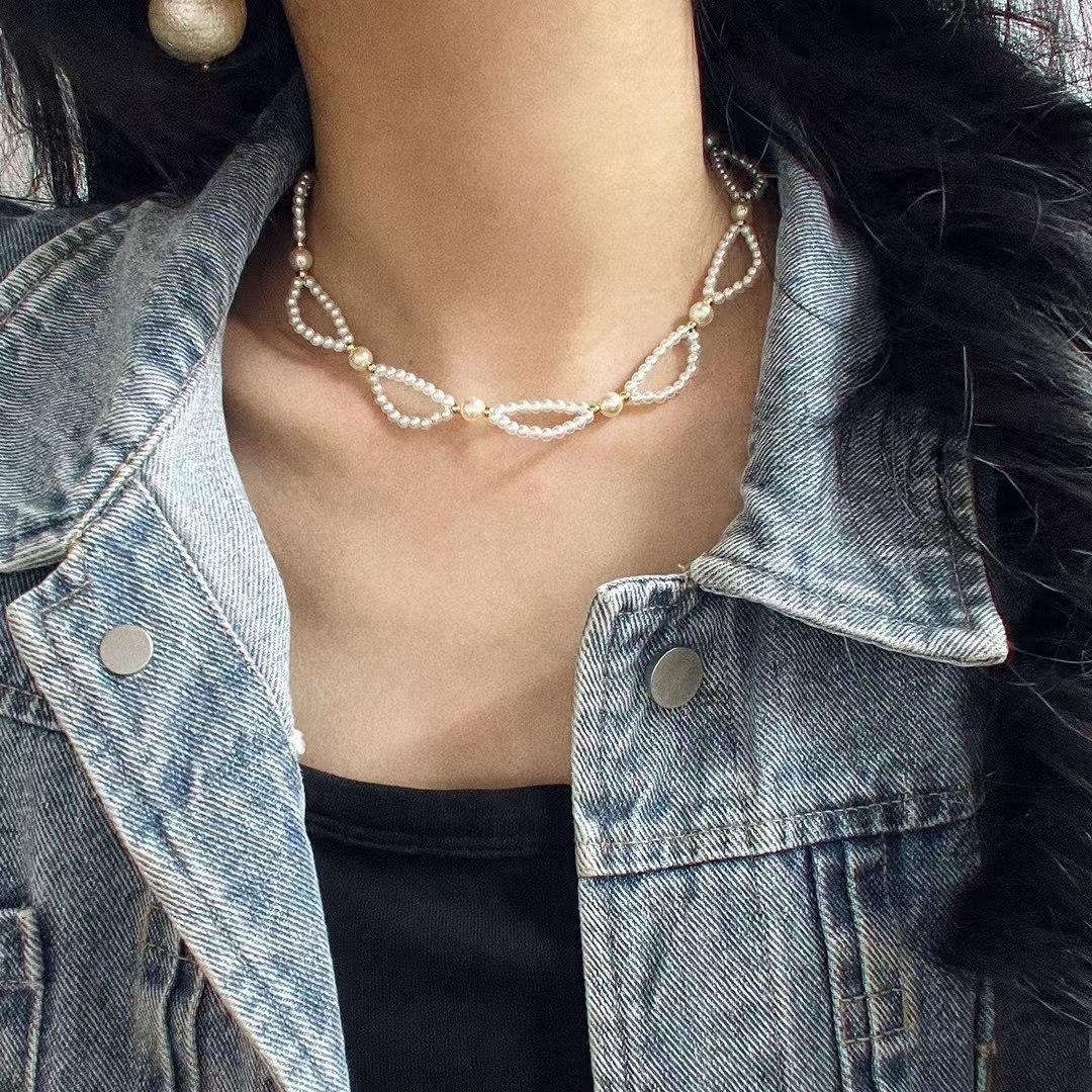 Vintage Romantic Flower-Shaped High-Gloss High-Quality Artificial Pearl Collarbone Chain Necklace