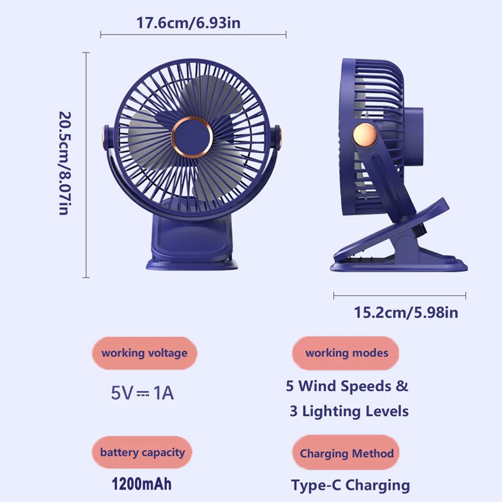 Portable Clip Fan with LED Lights Desk Fan 5 Speed Quiet Rechargeable Mini Table Fan, 360° Rotate Personal Cooling Fan for Home Office