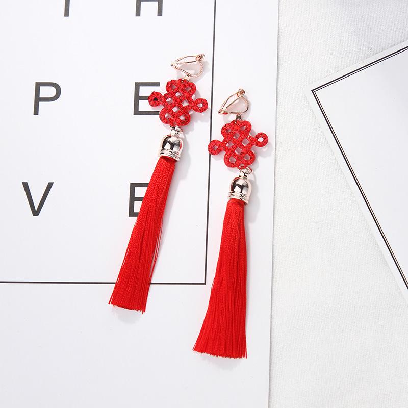Hanfu-Inspired Red Tassel Clip-On Earrings with Chinese Knot Design