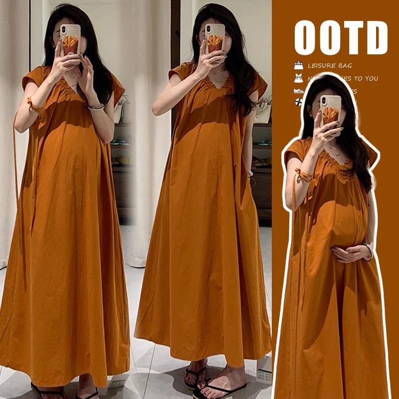 Korean Style V-neck Pleated Maternity Maxi Dress with Cap Sleeves (Summer 2025 Collection) Extra Large