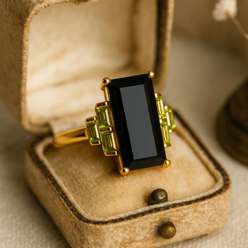 Wedding Engagement Anniversary Promise Gift – Natural Black Onyx and Real Peridot Ring, Vintage Art Deco Yellow Gold Plated Handmade Jewelry