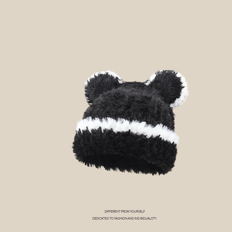 2025 Winter Cute Plush Earflap Knitted Bear Hat for Women - Korean Style Woolen Hat