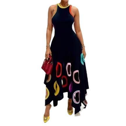 Spring and Autumn round neck new sleeveless pendulum skirt hollow dress women s clothing S чёрный