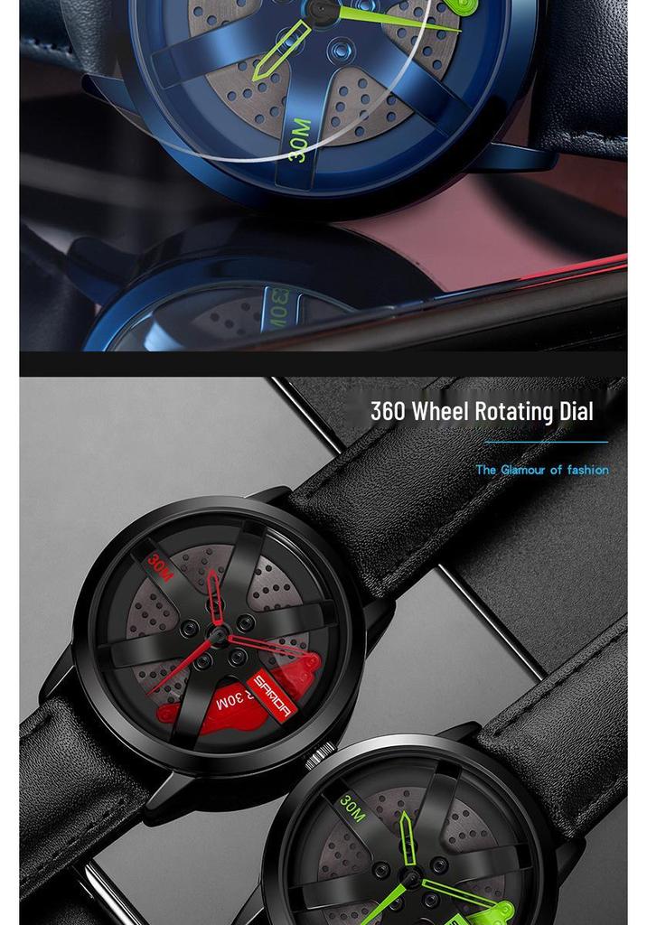 Sanda Cool Men's 3D Hollow Car Wheel Leather Strap Quartz Watch