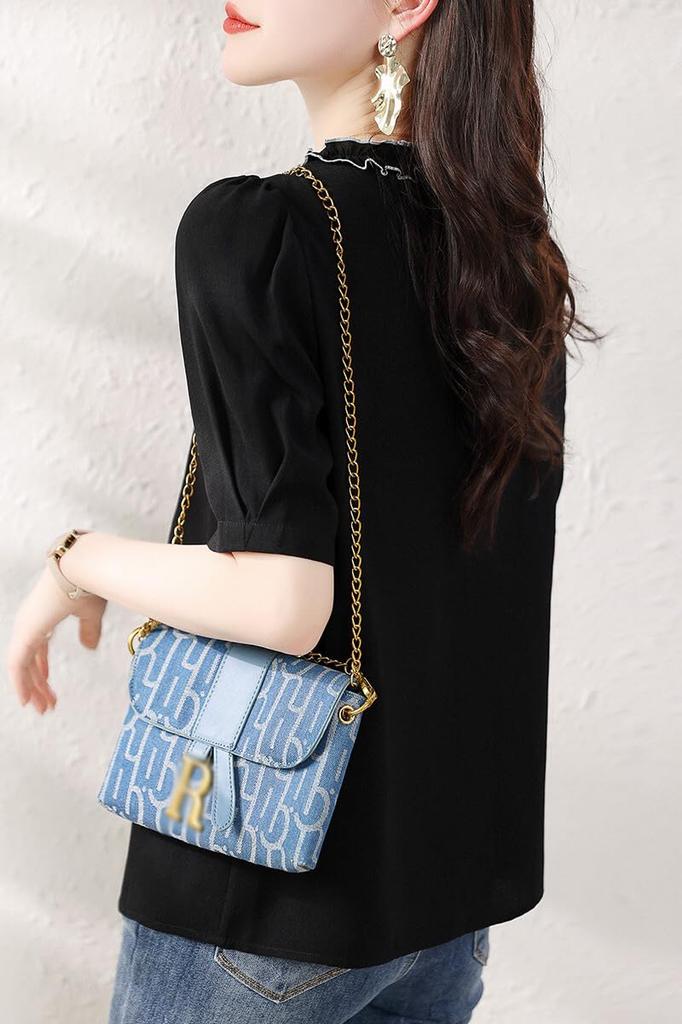 Blouse Summer Tops Short Sleeve Crew Neck Shirt Frill Collar Button Front Opening Top Stylish Feminine Clean Adult Casual OL Commuting [H. Zroy]