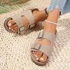 Fashion Summer Casual Cow Suede Flat Slippers Women New Double Buckle Open Toe Sandal Woman 2025 Beach Plus Size Non-Slip Slides Mujer