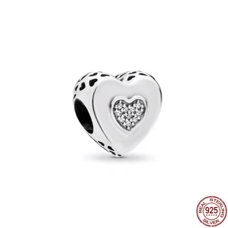 Fine S925 Sterling Silver Love You Mom Double Heart Split Dangle Charm Beads Fit Original  Bracelet DIY Women Jewelry Gift